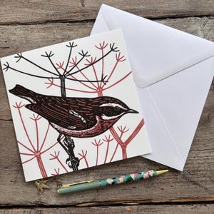 Tarjeta de felicitación con pájaro / Tarjeta de arte / Pájaro de jardín / Cumpleaños / Regalo / Tarjeta para cualquier ocasión / Linograbado