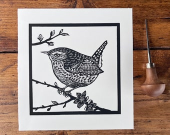 Original Handprinted Linocut Wren | Garden Bird | Bird Art | Fine Art Lino Print
