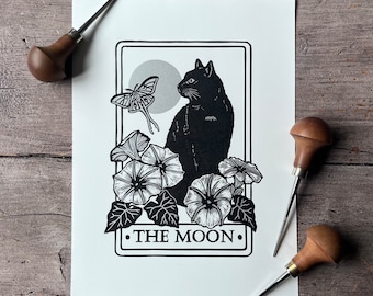 Original Handprinted Linocut The Moon | Tarot Card | Black Cat | Moth | Floral | Fine Art Lino Print