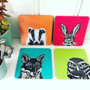 Set of 4 Art Coasters | Woodland Animal Coasters | Drinks Mats | Gift Set