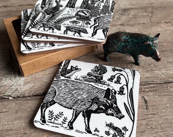 Art Coasters | Forest Foray Coasters | Drinks Mats | Wild Boar Print