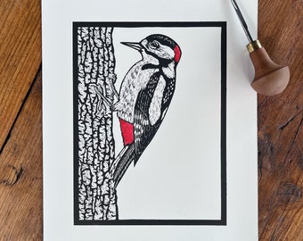 Original Handprinted Linocut Great Spotted Woodpecker | Fine Art Lino Print