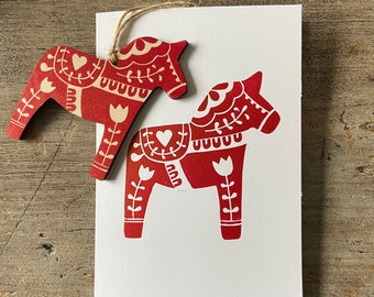 Hand Printed Christmas Card with Detachable Wooden Christmas Tree Ornament | Dala Horse | Bauble
