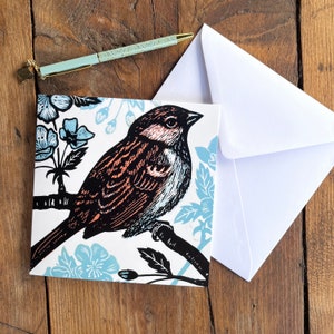 Gorrión de árbol / Tarjeta de felicitación de pájaro / Tarjeta de arte / Pájaro de jardín / Cumpleaños / Regalo / Tarjeta para toda ocasión / Linograbado