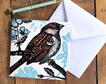 Tree Sparrow / Bird Greetings Card | Art Card | Garden Bird | Birthday | Gift | All Occasion Card | Linocut