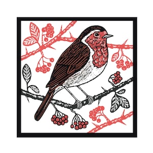 Originele handgedrukte linosnede Robin | Tuinvogel | Vogelkunst | Fine Art-linoprint