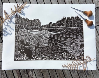 Handprinted Highland Cow Linocut