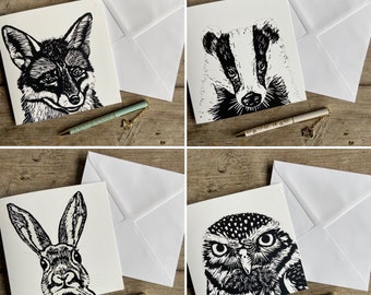 Set of 4 Woodland Animal Cards | Greetings Card | Art Card | Wildlife | Birthday | Gift | Linocut