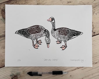 SECOND | Greylag Geese Print | Original Handprinted Linocut | Super Seconds Festival