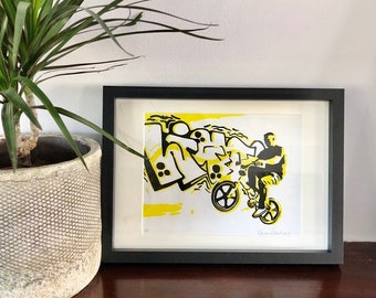 Original Handprinted Linocut Print |  ‘BMX Bandit’ | Bike | Graffiti | BMX Art Print