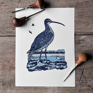 Original Handprinted Linocut Curlew | Fine Art Linocut Print