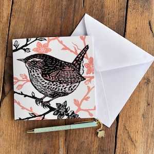 Wren / Vogel-Gruß-Karte | Kunstkarte | Gartenvogel | Geburtstag | Geschenk | Alle Anlass Karte | Linoldruck