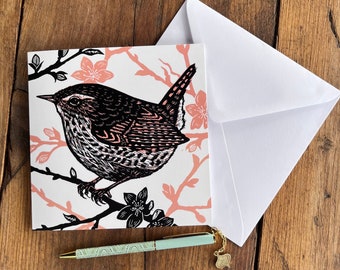 Wren / Bird Greetings Card | Art Card | Garden Bird | Birthday | Gift | All Occasion Card | Linocut