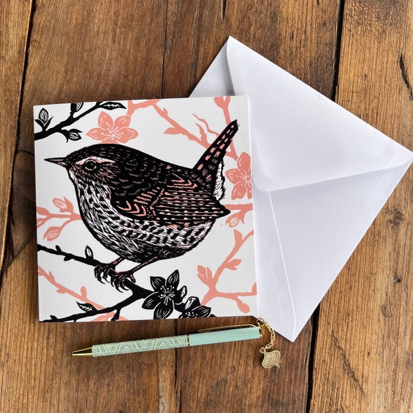 Wren / Tarjeta de felicitación de pájaro / Tarjeta de arte / Pájaro de jardín / Cumpleaños / Regalo / Tarjeta de toda ocasión / Linograbado