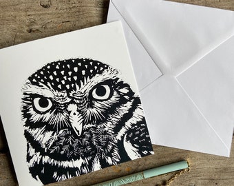 Little Owl / Bird of Prey | Wildlife Greetings Card | Art Card | Birthday | Gift | Linocut