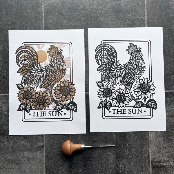 DEUXIÈME | Le soleil | Linogravure originale imprimée à la main | Festival des super secondes