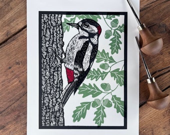 Original Handprinted Linocut Great Spotted Woodpecker | Fine Art Lino Print