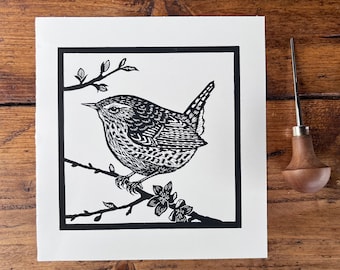 Original Handprinted Linocut Wren | Garden Bird | Bird Art | Fine Art Lino Print