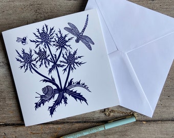 Sea Holly / Botanical Greetings Card | Art Card | Wild Flower | Birthday | Gift | Linocut