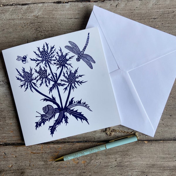 Sea Holly / Botanical Greetings Card | Art Card | Wild Flower | Birthday | Gift | Linocut