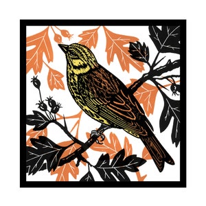 Originele handgedrukte linosnede Yellowhammer | Tuinvogel | Vogelkunst | Fine Art-linoprint
