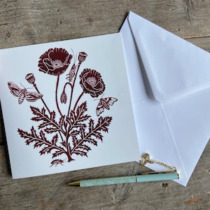 Coquelicot de maïs / Carte de vœux botanique | | de cartes d’art | de fleurs sauvages | d’anniversaire | cadeaux Linogravure