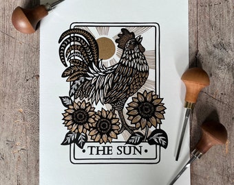 Original Handprinted Linocut The Sun | Tarot Card | Rooster | Sunflowers | Floral | Fine Art Lino Print