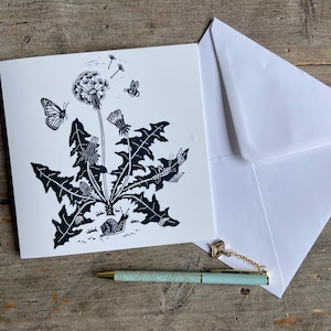 Dente de Leão / Dente de Leão | cartão de cumprimentos botânico | arte cartão comemorativo | Flor Selvagem | Aniversário | Presente | Linogravura