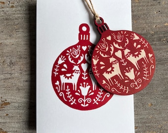 Hand Printed Christmas Card with Detachable Wooden Christmas Tree Ornament | Bauble