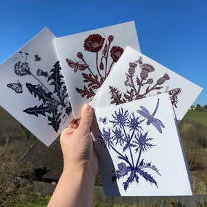Jeu de 4 cartes botaniques | carte de vœux | | de cartes d’art | de fleurs sauvages | d’anniversaire | cadeaux Linogravure