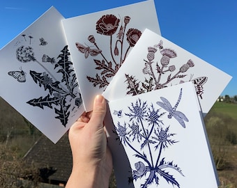 Set of 4 Botanical Cards | Greetings Card | Art Card | Wild Flower | Birthday | Gift | Linocut