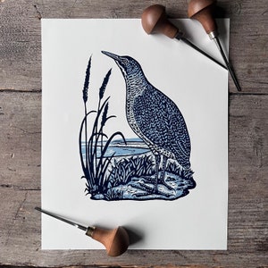Original Handprinted Linocut Bittern | Fine Art Linocut Print