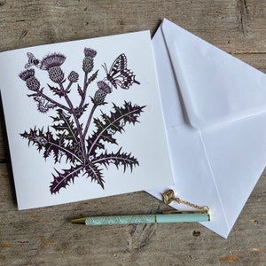 Cardo do rastejamento/cartão de cumprimentos botânico de <br> Entrega Rápida? arte cartão comemorativo | Flor Selvagem | Aniversário | Presente | Linogravura