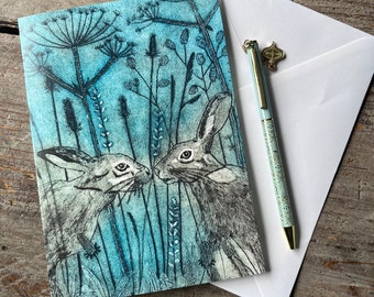 Kissing Hares Greetings Card | Art Card