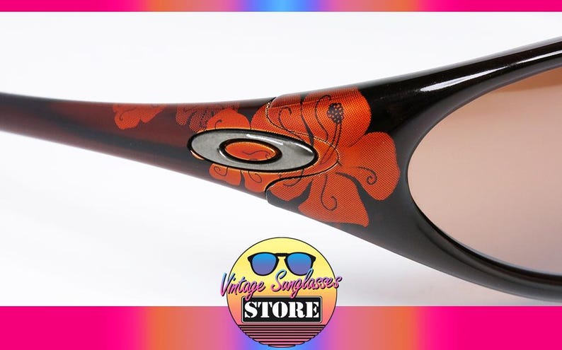 Pode incluir: Close-up de &oacute;culos de sol com arma&ccedil;&atilde;o preta e lentes castanhas. As hastes apresentam um design floral laranja e vermelho, com um log&oacute;tipo prateado. &Oacute;culos de sol da Vintage Sunglasses Store.