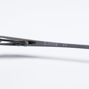 May include: Close-up of a silver metal eyeglass frame arm with the text "C-WIRE" and "CE" printed on it. The arm connects to a black temple tip. The frame is set against a white background.