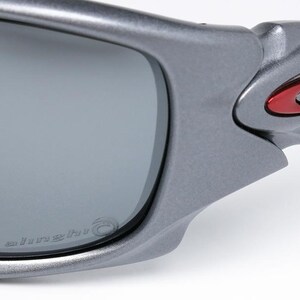 May include: Close-up of a pair of gray sunglasses with a red and black logo on the temple. The lenses are gray and have a subtle logo etched on the bottom corner. The frame is a matte gray.