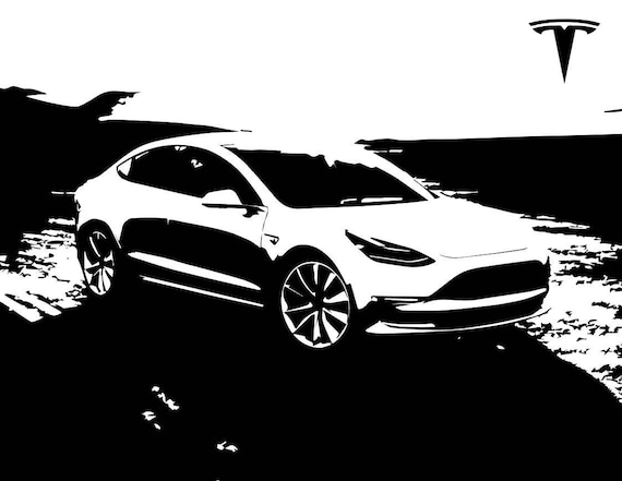 Tesla Model 3 B W Front Side With Logo Vector Vectorized Print Etsy