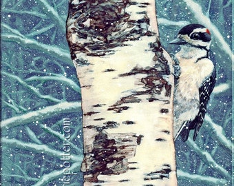 Wildlife painting titled "Dining in a Flurry", nature art, woodpecker, bird, winter, print on canvas