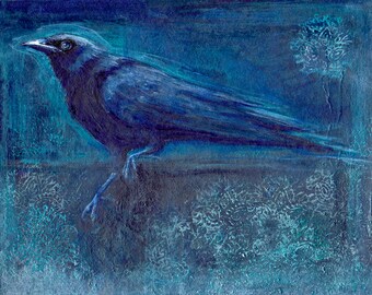 Whimsical wildlife painting printed on canvas, titled "Tapestry Crow in Twilight", nature art, raven, bird, stylized