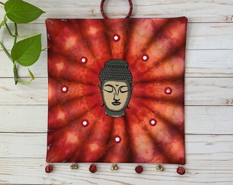 Mini Quilt Wall Hanging - Buddha - Free Motion Stitch, Hanging Banner, fabric Collage, Boho Style, Yoga, Meditation, Ready to ship