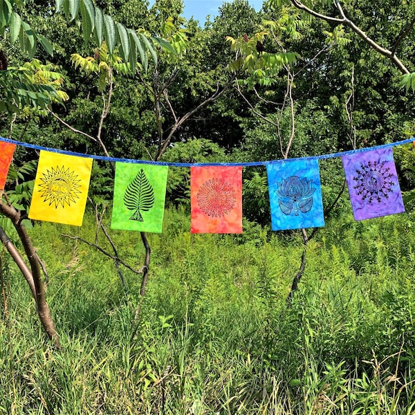 Prayer Flag - Yoga, House Warming Banner, Bunting, Wall Art, Block Print, Boho Hippi Style, Personalized Message