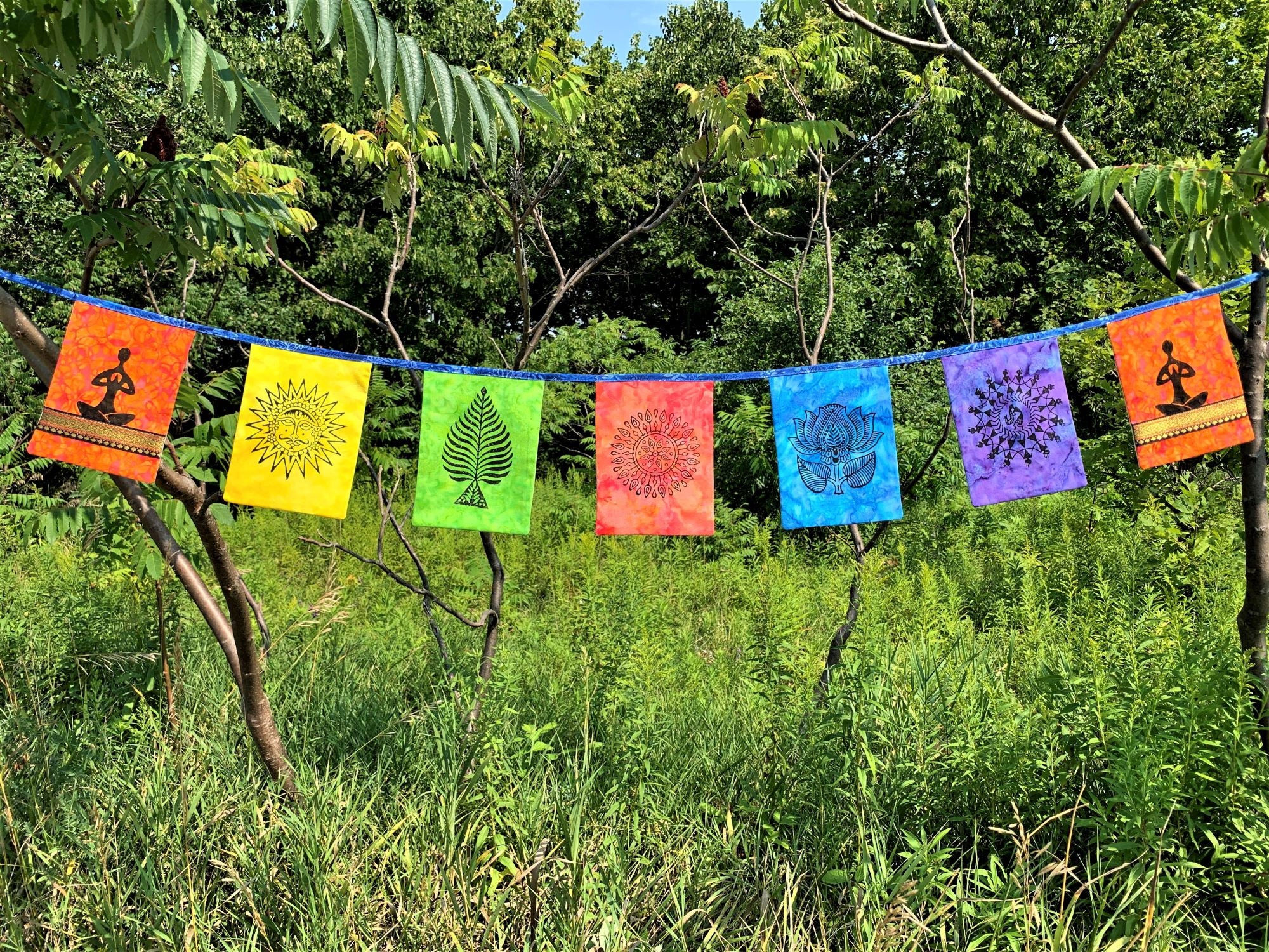 Prayer Flag Yoga, House Warming Banner, Bunting, Wall Art, Block Print