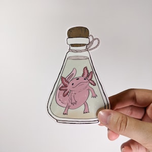 May include: A sticker featuring a pink axolotl inside a glass bottle with a cork stopper. The axolotl has feathery gills and a smiling expression. The bottle is filled with a light green liquid and has a rope tied around the neck.