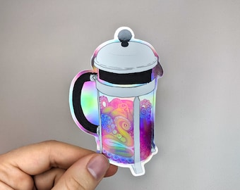 Adesivo de café prensa francesa com amigo polvo - holográfico