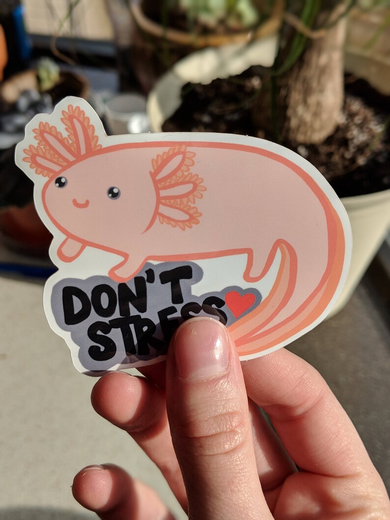 May include: A sticker featuring a cartoon axolotl in shades of pink and orange. The axolotl has a smiling face and is accompanied by the text "DON'T STRESS" with a small red heart. The sticker is held by a hand.