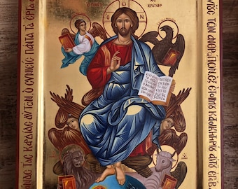 Hand painted Byzantine Icon Of Jesus Christ The Enthroned- polished Gold leaf 24k