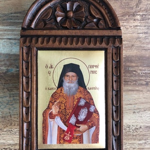 Handmade Byzantine Icon of  &quot; Saint  Porfyrios&quot; on curved wood