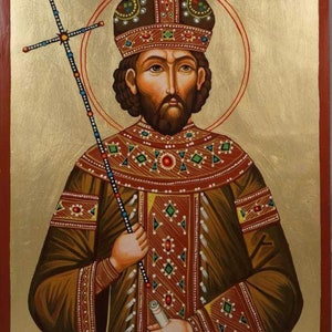 Saint Constantine Handmade Byzantine Icon on wood with gold leaf 22k