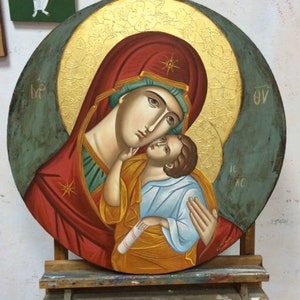 HAND PAINTED Byzantine Icon Of Virgin Mary with little Jesus